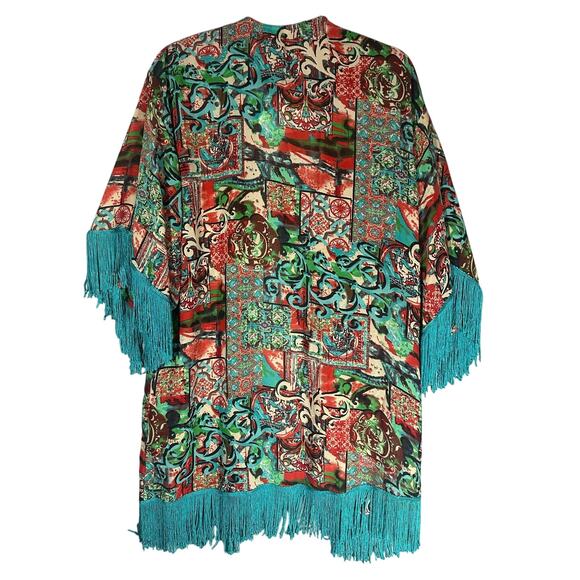 Angie Nwt Sz L Open Front Fringe Kimono Cardigan Coverup Artsy Boho Colorful — image 2 of 8